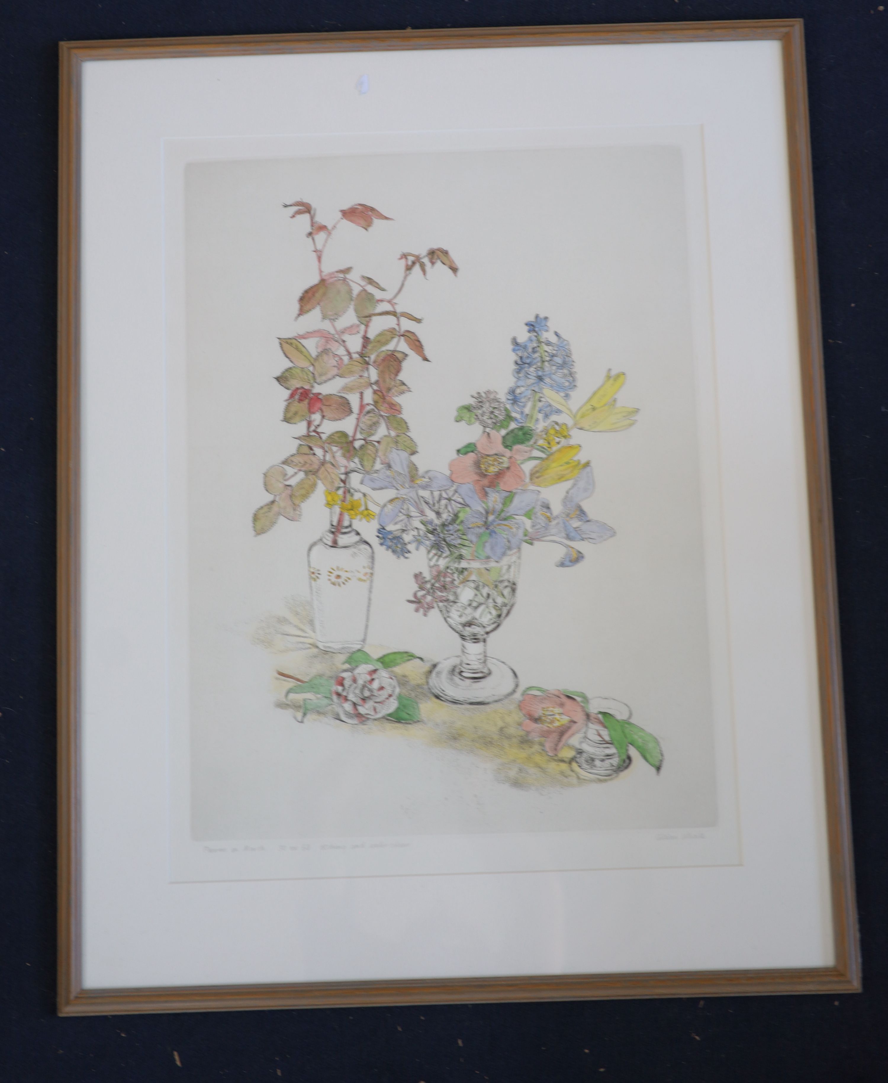 Gillian Whaite (1934-2012), etching and watercolour, 'Flowers', signed, 30/60, 59 x 44cm and R. A.Elliott, watercolour, Untitled, signed in pencil, 69 x 48cm